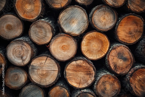 Close-up view of stacked wood logs.  Stacked timber circles, showing wood grain and texture.  Natural tones of brown and gray.  Forestry, lumber, or firewood