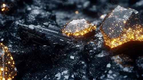 Glittering minerals represent rare earth elements, emphasizing their crucial role in global economics and high-tech industries. Symbol of scarcity, value, and geopolitical tension. Caption space on si