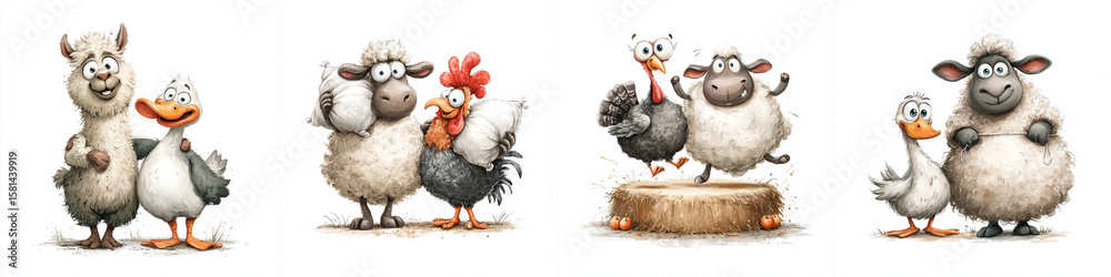 Obraz premium Set of fun watercolor barnyard animals - isolated on white background 