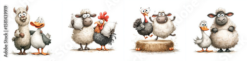 Set of fun watercolor barnyard animals - isolated on white background  