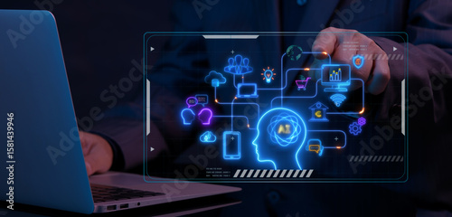 Businessman shows AI integration icons on virtual screen. AI artificial intelligence machine learning concept, big data, innovation technology, cloud computing, futuristic, internet network.