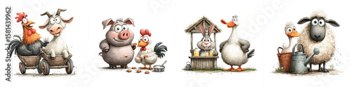 Set of fun watercolor barnyard animals isolated on white background  