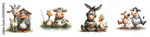 Set of fun watercolor barnyard animals isolated on white background  