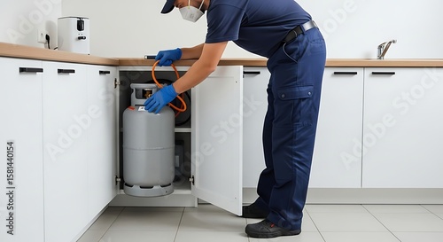 Worker Installing New Gas Tank Indoors

