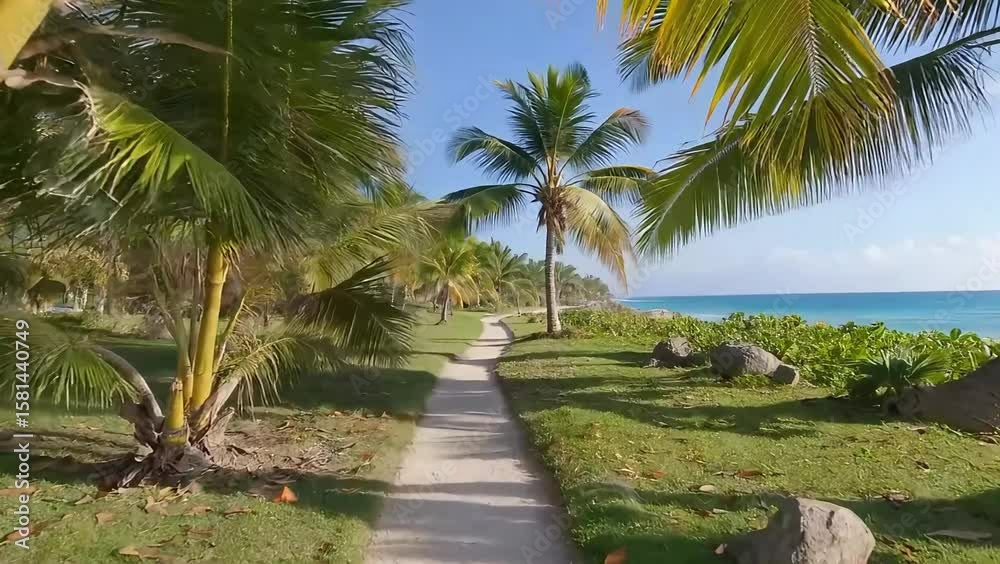 Scenic tropical pathway leading to the turquoise ocean under a clear blue sky, flanked by lush green grass and vibrant palm trees. Ideal for travel, vacation, or nature themes. Scenic tropical pathway leading to the turquoise ocean under a clear blue sky, flanked by lush green grass and vibrant palm trees. Ideal for travel, vacation, or nature themes.