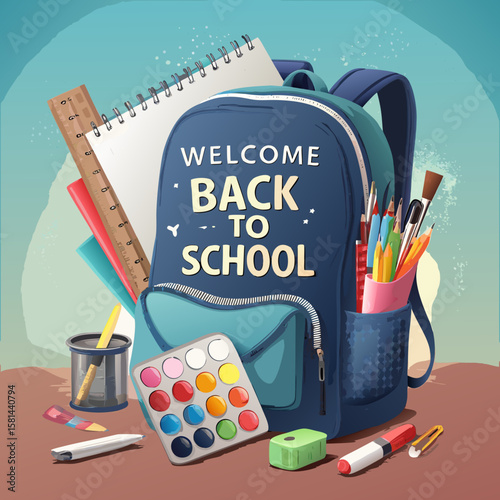 Back to school vector with backpack full of school supplies and welcome message in realistic style