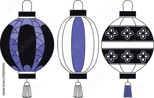 A curated collection of traditional chinese lanterns rendered in a clean and elegant line art aesthetic perfect for cultural celebrations and decorative projects