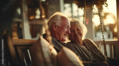 Loving older couple relaxing on a porch swing at sunset together.