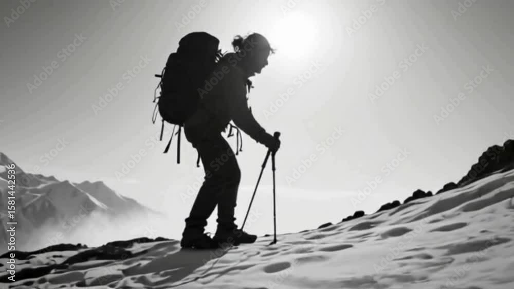 Hiker silhouette traversing a snowy mountain landscape, showcasing adventure, fitness, and the challenge of reaching new heights in winter trekking.