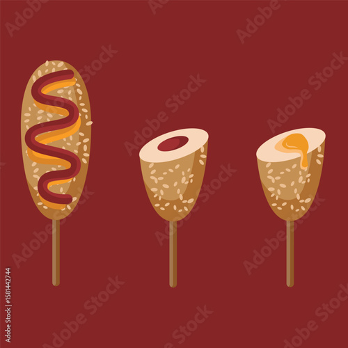 Corndog with bread crumbs with sausage and mozzarella cheese fillings, topped with ketchup, and mustard sauce. Korean food flat vector illustration.