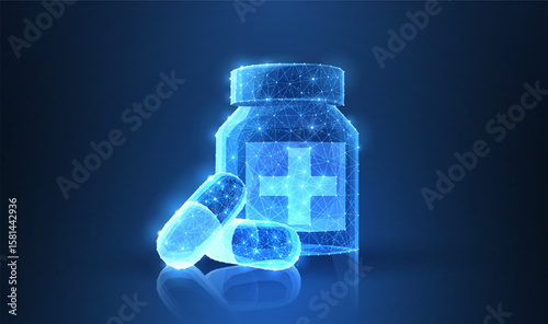 Pills. Abstract 3d polygonal wireframe two capsule pills near bottle blue background with dots and stars.