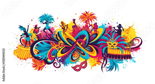 Vibrant Carnival Celebration, Dancers and Masks, Colorful Festival Scene, Graphic Art, Energetic Atmosphere, Wide View, Festive Spirit