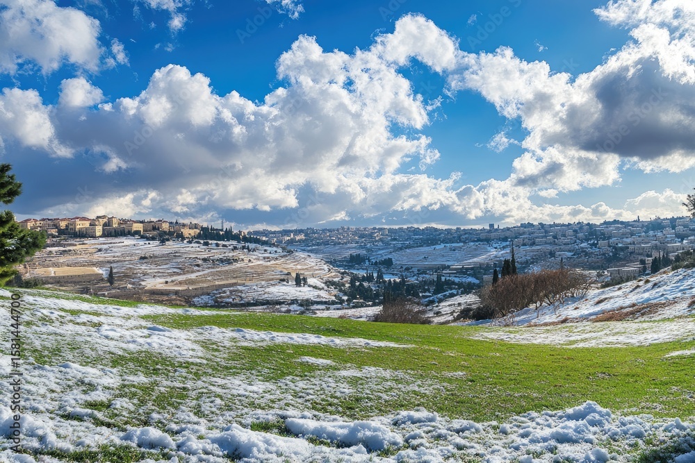Obraz premium Panoramic winter view of a city nestled in a valley, blanketed in snow