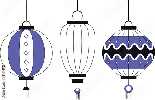 Elegant line art collection featuring traditional chinese lanterns in a stylized artistic arrangement suitable for festive decorations and cultural designs