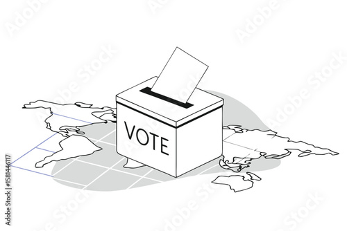 Global election participation concept showing a ballot box placed centrally on a detailed world map illustration