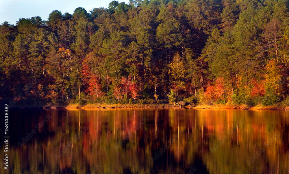 Obraz premium Autumn colors reflect in the water at Lake Nicol in Tuscaloosa Alabama