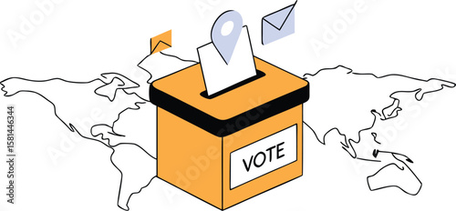 Global election participation concept showing a ballot box placed prominently on a stylized representation of the earth s continents