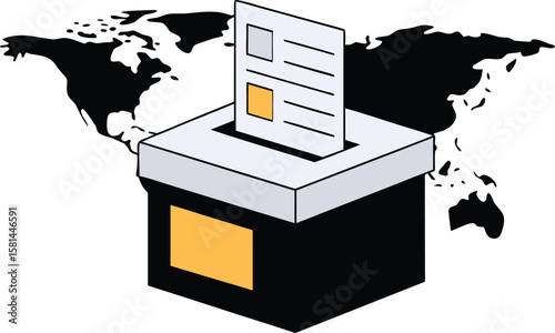 Global voting booth representation showing a ballot box placed centrally over a detailed world map illustration