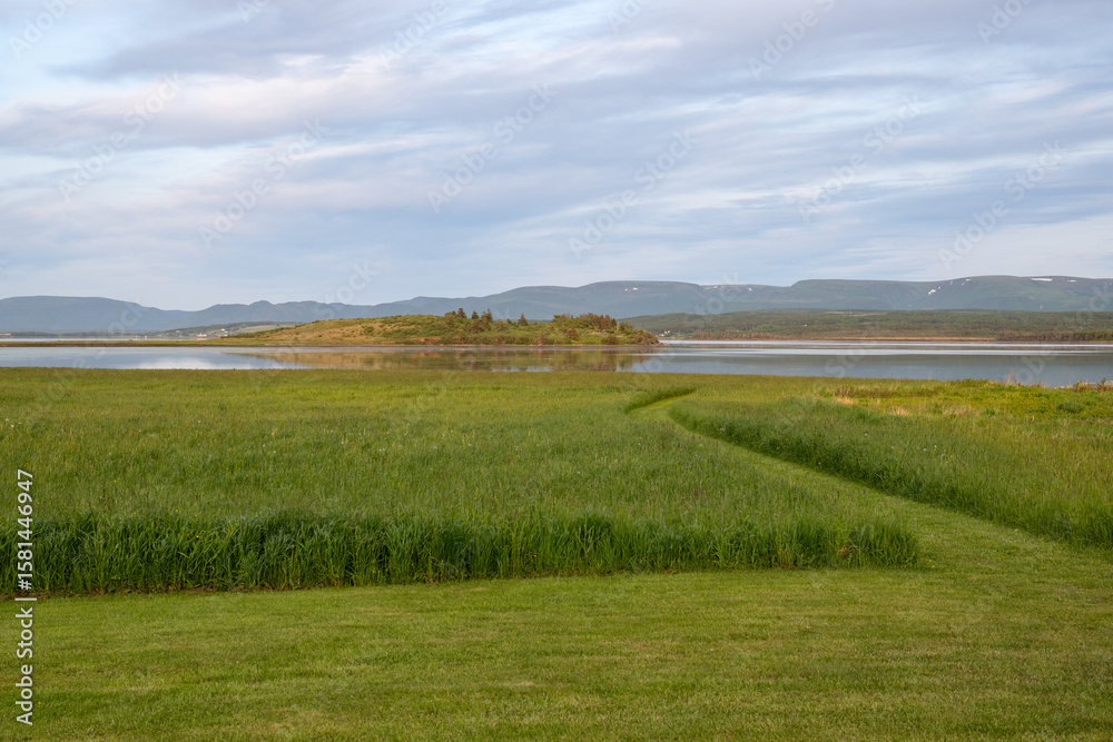 A lush green grassy field with a mowed path through the tall thick grass to the water's edge. A small island is in the lake with trees and a rocky coastline. The sky is pale blue and pink with clouds A lush green grassy field with a mowed path through the tall thick grass to the water's edge. A small island is in the lake with trees and a rocky coastline. The sky is pale blue and pink with clouds