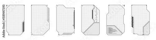Minimal sci fi game HUD with neon buttons, rectangular frames and cyberpunk UI elements. White and black overlay mimics live stream dashboard or VR player interface.