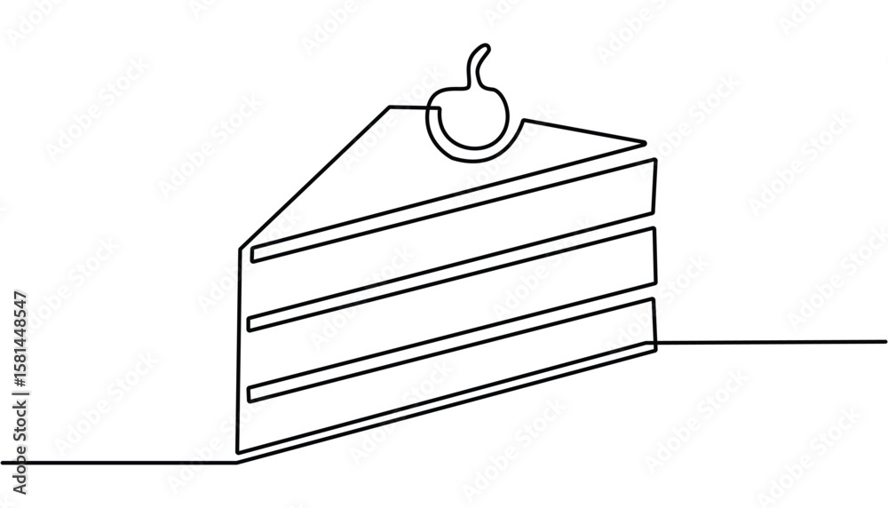 Continuous one line drawing of sliced cake food and beverage concept. Continuous one line drawing of slice cake. One line drawing illustration of cake. Party food, birthday cake, dessert concept line. Continuous one line drawing of sliced cake food and beverage concept. Continuous one line drawing of slice cake. One line drawing illustration of cake. Party food, birthday cake, dessert concept line.