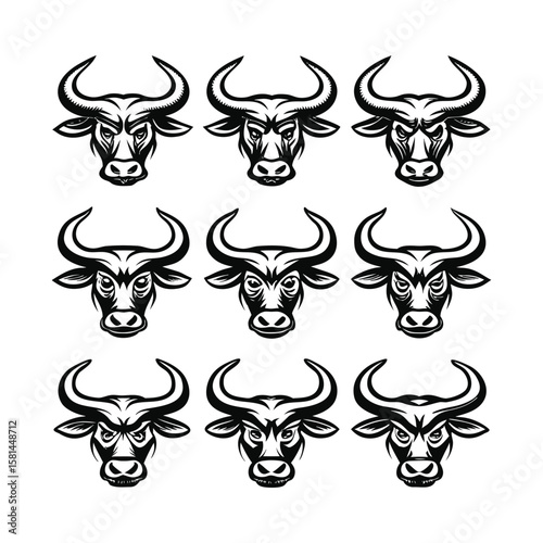 Bull Face Silhouette Bundle — 9 Horned Styles in 1 Vector Artboard