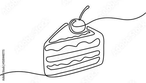 Continuous one line drawing of sliced cake food and beverage concept. Continuous one line drawing of slice cake. One line drawing illustration of cake. Party food, birthday cake, dessert concept line.
