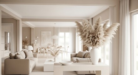 Modern Living Room Interior Design with Brown Leather Chair, Beige Sofa and Wooden Wall Panels - 3D Render Illustration, Stylish scandinavian living room with design