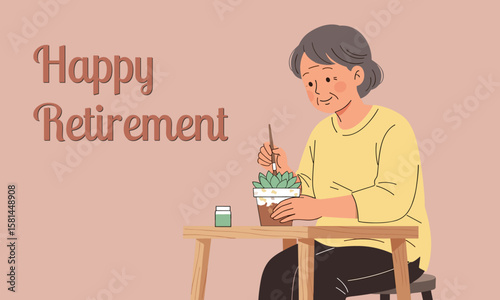 Senior Woman Enjoying Happy Retirement with Plant