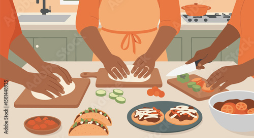 Latin People Hands Preparing Homemade Tacos in a Kitchen