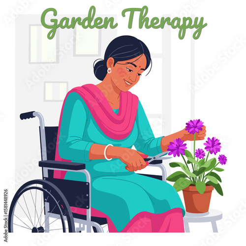 Indian Woman in Wheelchair Enjoying Garden Therapy
