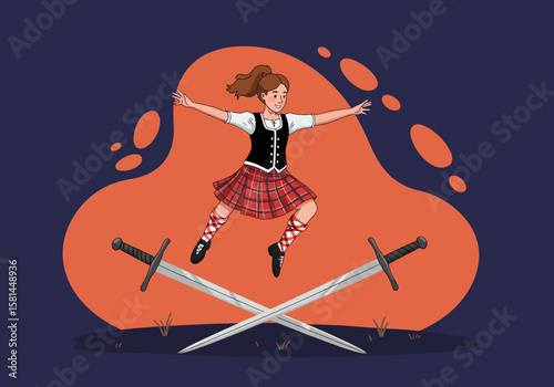Young Woman in Kilt Dancing on Swords at a Scottish Gathering