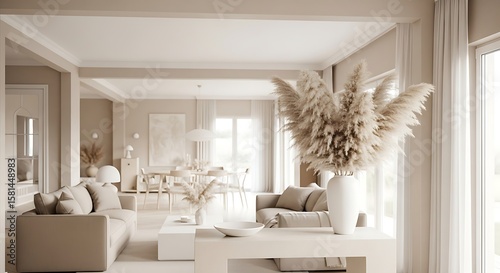 Modern Living Room Interior Design with Brown Leather Chair, Beige Sofa and Wooden Wall Panels - 3D Render Illustration, Stylish scandinavian living room with design