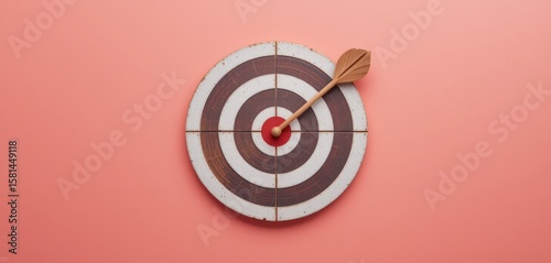 A classic dartboard with a bullseye, struck precisely by a wooden arrow, lies on a soft pink background, representing aiming for success, achieving goals, and effective strategy.