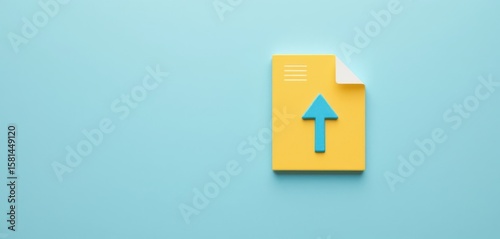A vibrant yellow document icon featuring a bold blue upward-pointing arrow is prominently displayed on a soft, light blue background, symbolizing file uploads, data transfer, and digital sharing.