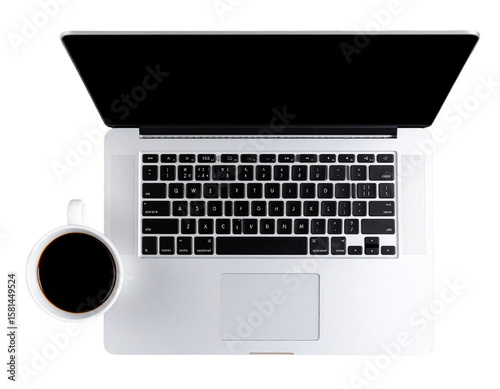 Open Laptop with Black Screen and Coffee Mug on Wooden Desk, Top View PNG