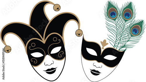 Elegant Carnival Masks Jester Hat and Peacock Feathers Embellishments for Festive Celebration