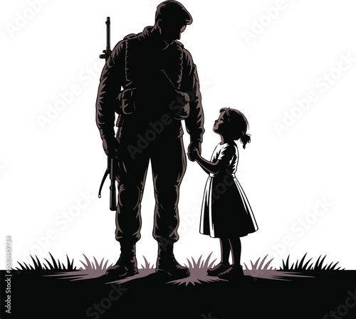 Honoring Valor Silhouette of Soldier Holding Child's Hand, Symbolizing Protection and Love