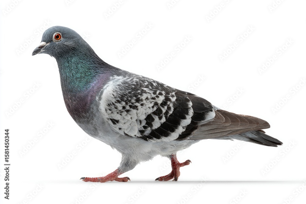 A pigeon with gray black and white feathers is walking on a white background A pigeon with gray black and white feathers is walking on a white background