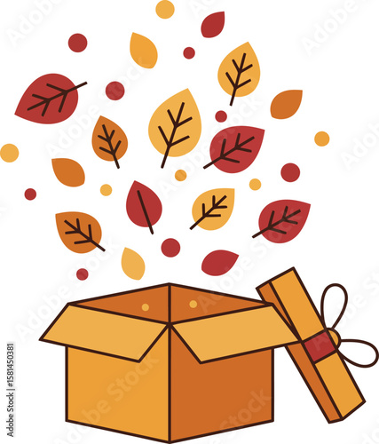 Autumn surprise: a gift box bursts open, releasing colorful leaves.
