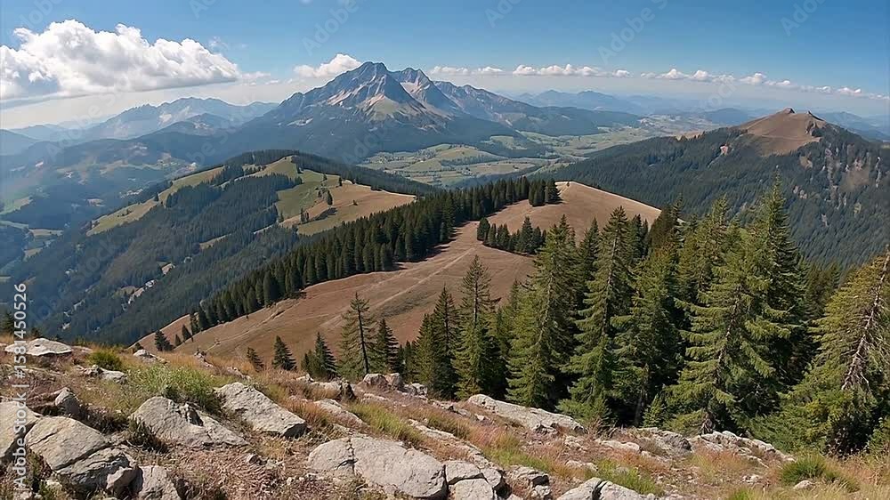 Majestic panorama of the Austrian Alps on a beautiful summer day, showcasing lush green forests, rolling hills, and the iconic Wilder Kaiser mountain range. Perfect for travel, nature, and outdoor