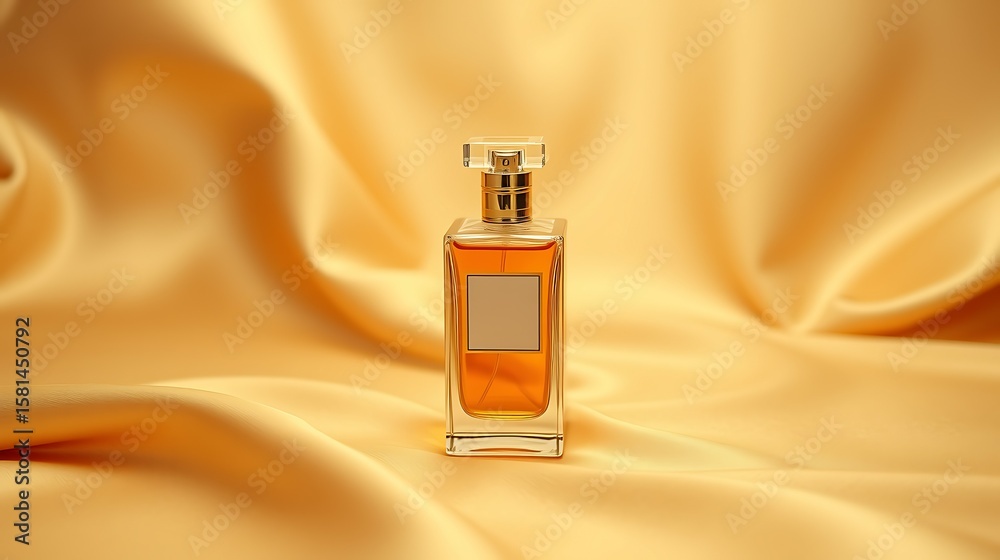Naklejka premium Elegant perfume bottle showcased on a golden silk backdrop exudes luxury and sophistication for beauty and personal care products.