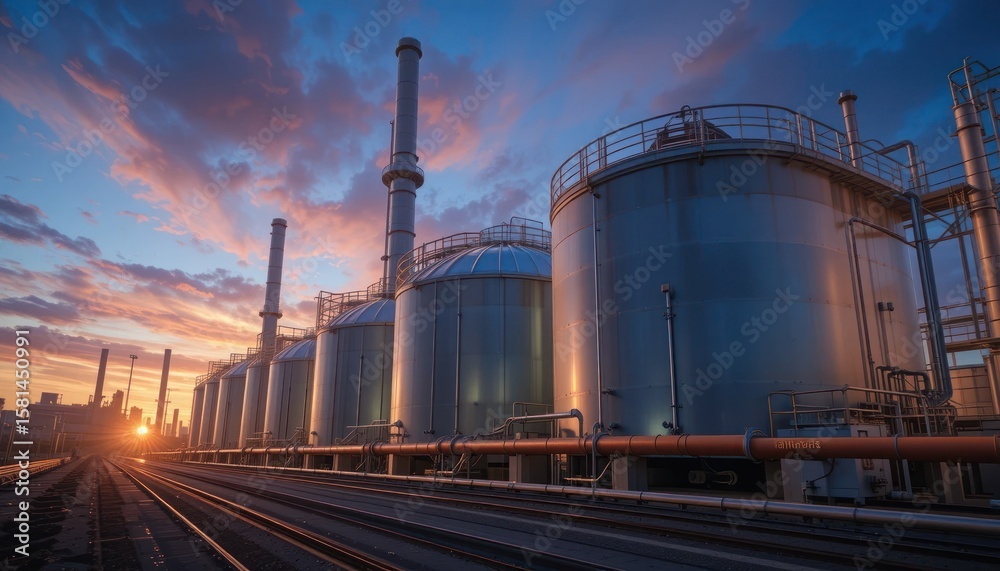 Obraz premium Industrial Sunset: Refinery Silhouettes at Dusk