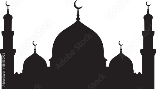 Silhouette of Islamic Mosque Structure with Crescent Moons against Clear Sky Background Art