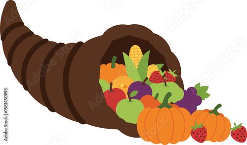 A cornucopia overflowing with autumn harvest fruits and vegetables, including pumpkins, apples, corn, grapes, and strawberries.