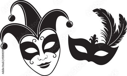 Masquerade Elegance Intricate Carnival Masks with Feathered Flair and Jester Design Artworks