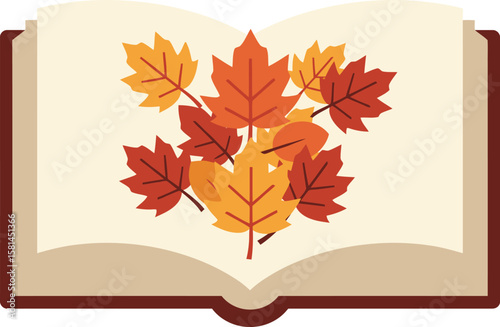 Autumn leaves bursting from an open book, symbolizing nature's beauty within literature.