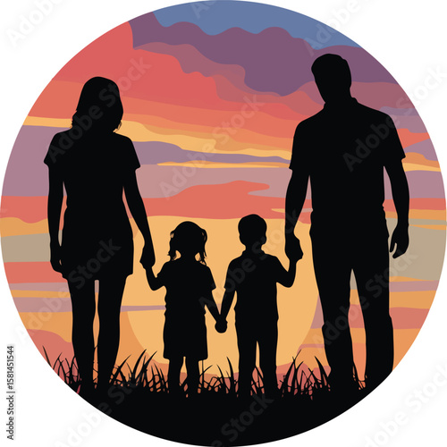 Wholesome family silhouette against vibrant sunset backdrop depicts enduring family bond and love