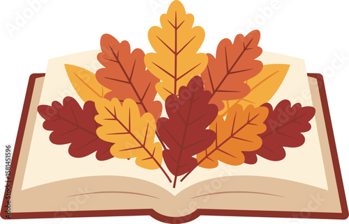 Open book adorned with autumn leaves, symbolizing knowledge and the changing seasons.