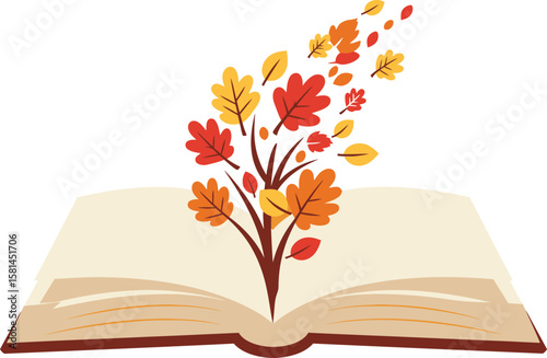 An open book with a tree growing from its pages, shedding colorful leaves.